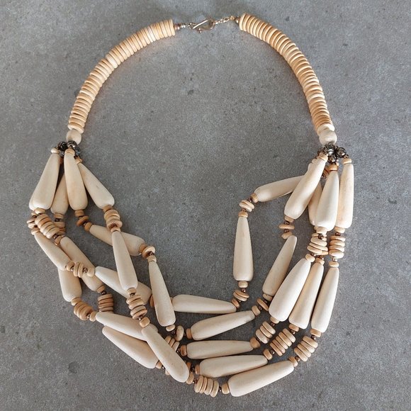 FASHION JEWELRY Women's Oblong/Round 4 Strands Wood Beads Necklace - Ivory/Tan - Picture 8 of 9